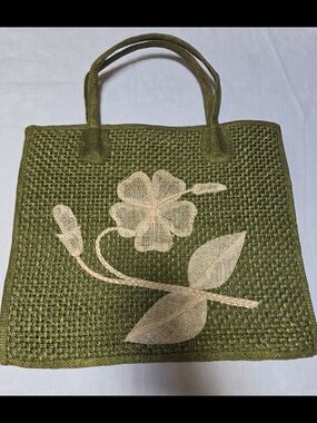 Vintage Handmade Philippine Abaca Woven Floral Tote Bag Green Beach Purse Boho